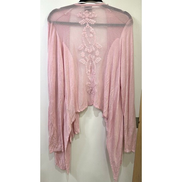 Torrid Waterfall Open Front Cardigan Pink Sweater Size 1 Crochet Lace Back - Picture 4 of 10